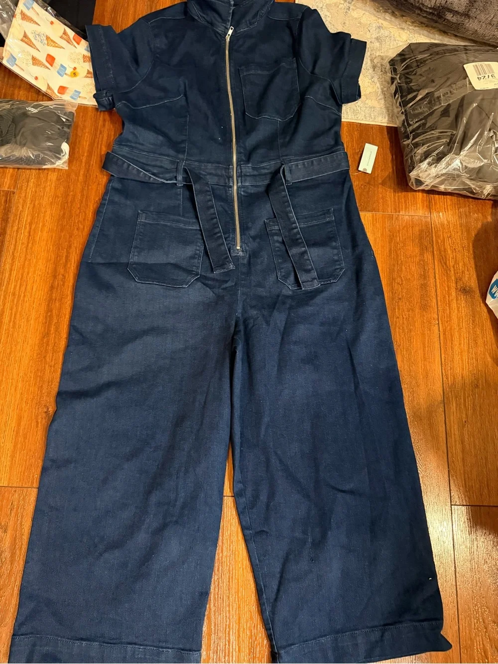 Pilcro Dark Navy Short-Sleeve Utility Jumpsuit with Front Zip